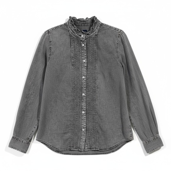 GAP Tops - Gap Women's Gray Ruffle Neck Pintuck Jeweled Blouse Cottage Organic Cotton L